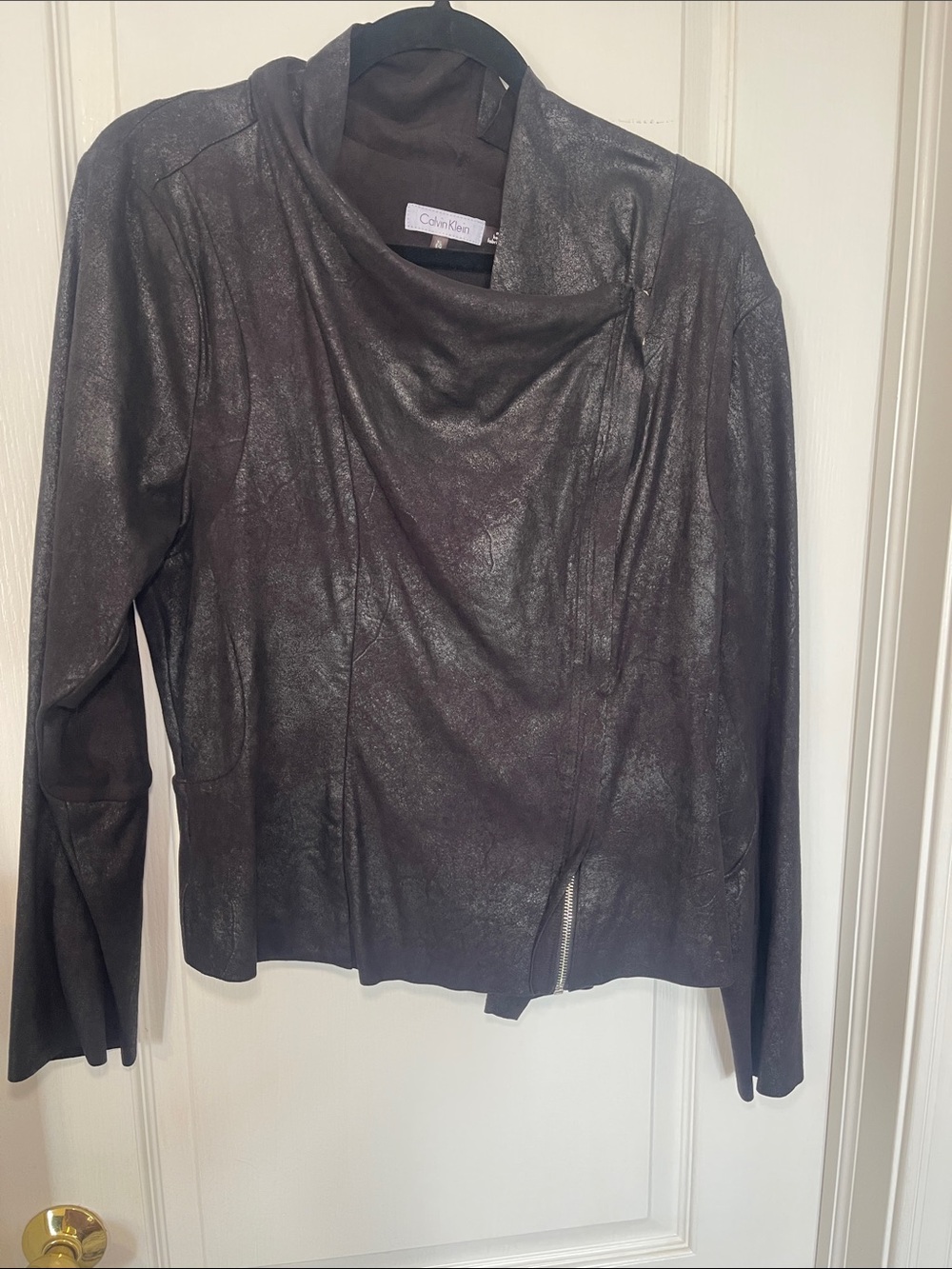 Calvin Klein Metallic Charcoal Leather-Effect Asymmetrical Zip Jacket